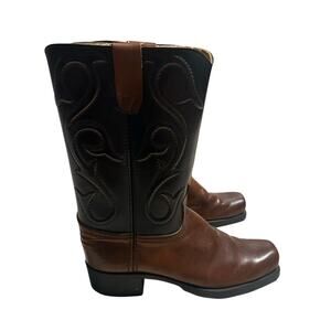 Western Cowboy Boots Square Toe Leather Vamps Men's Size 9.5 D Brown Black